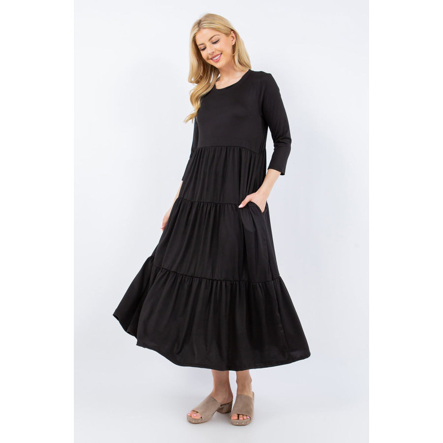 Celeste Full Size Tiered Midi Dress with Pockets Apparel and Accessories