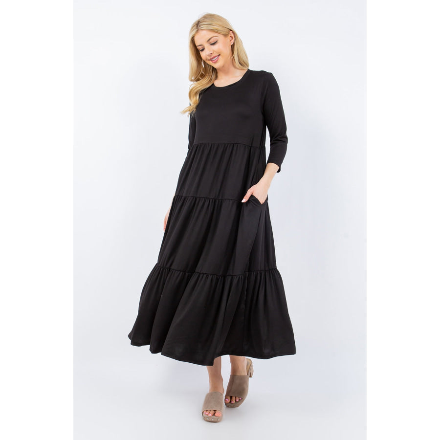 Celeste Full Size Tiered Midi Dress with Pockets Apparel and Accessories