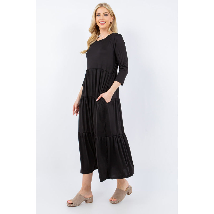 Celeste Full Size Tiered Midi Dress with Pockets Apparel and Accessories