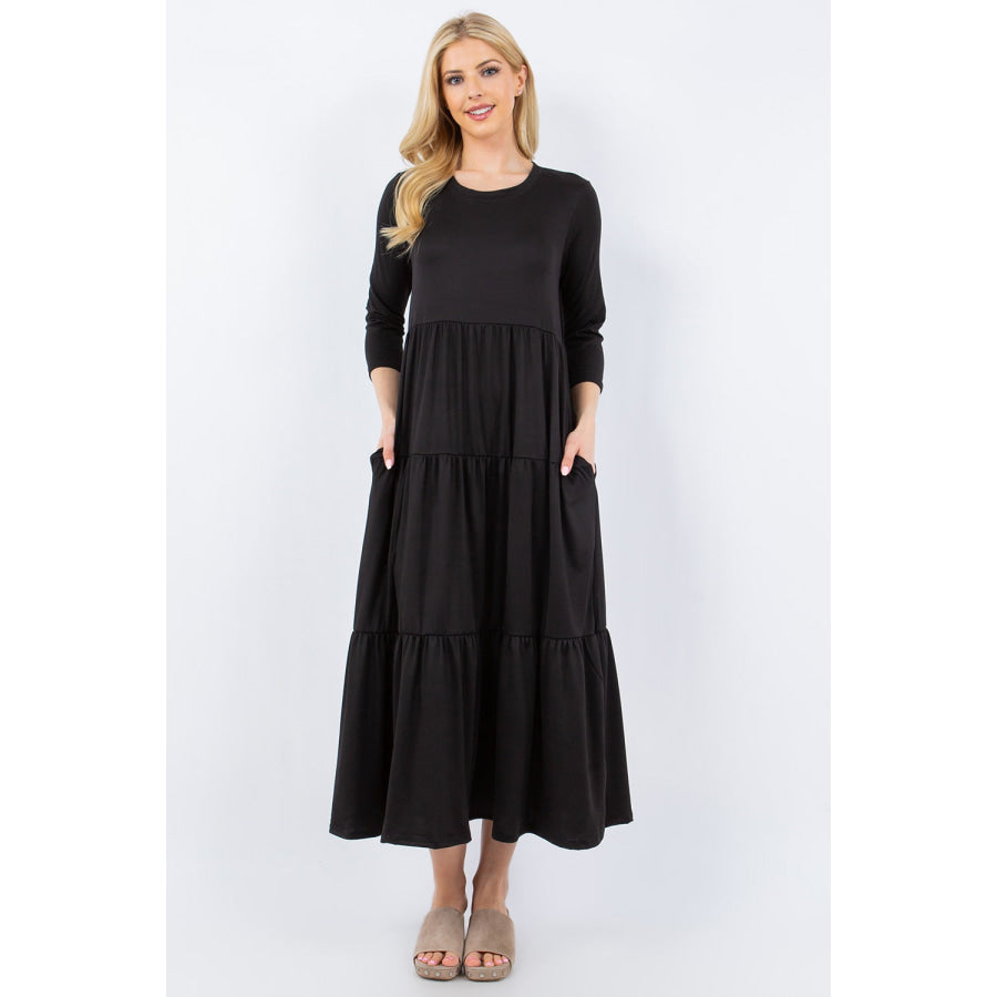 Celeste Full Size Tiered Midi Dress with Pockets Black / S Apparel and Accessories