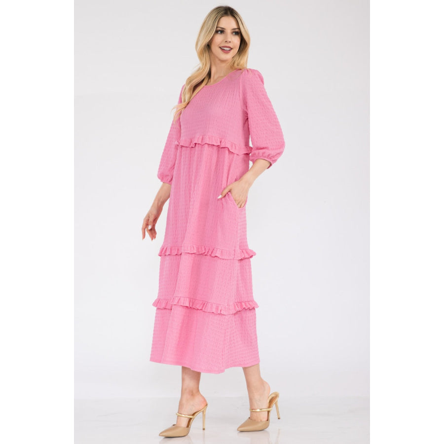 Celeste Full Size Tiered-Ruffle Midi Dress Apparel and Accessories