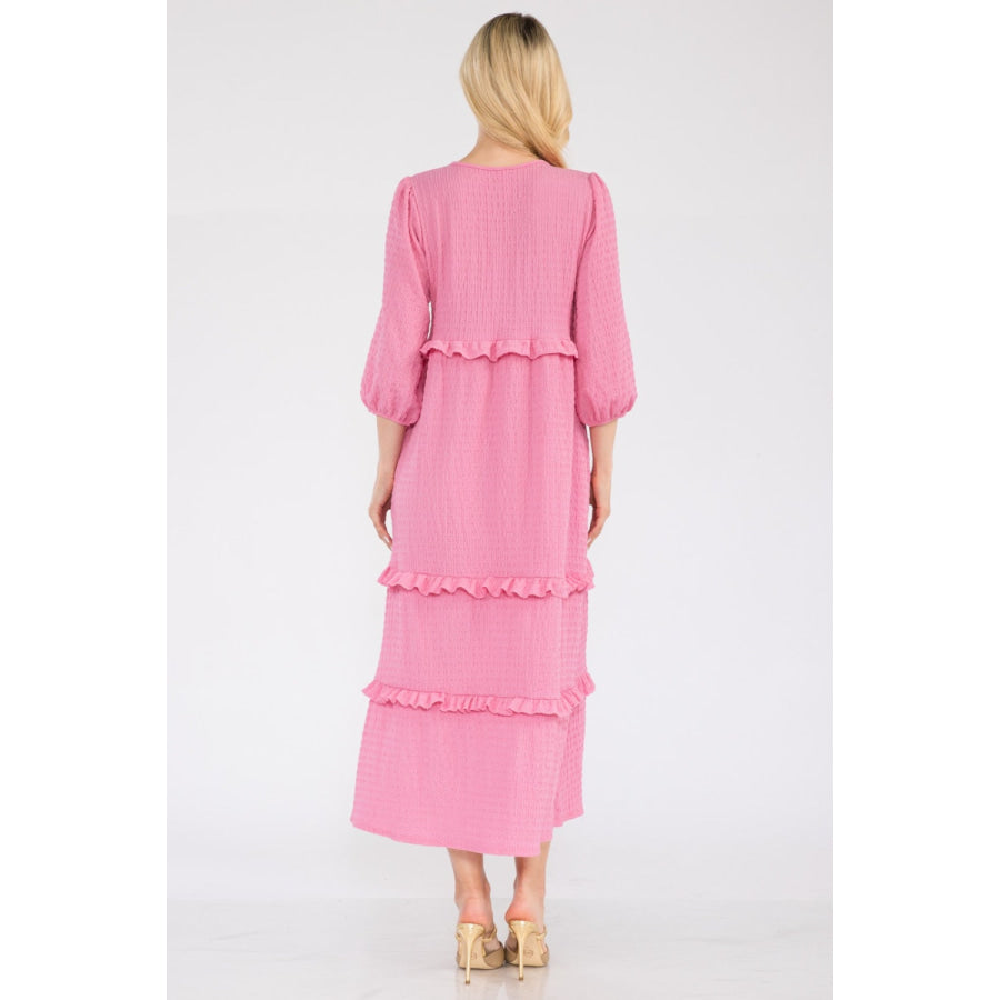 Celeste Full Size Tiered-Ruffle Midi Dress Apparel and Accessories