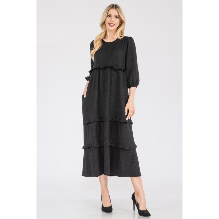 Celeste Full Size Tiered-Ruffle Midi Dress Apparel and Accessories