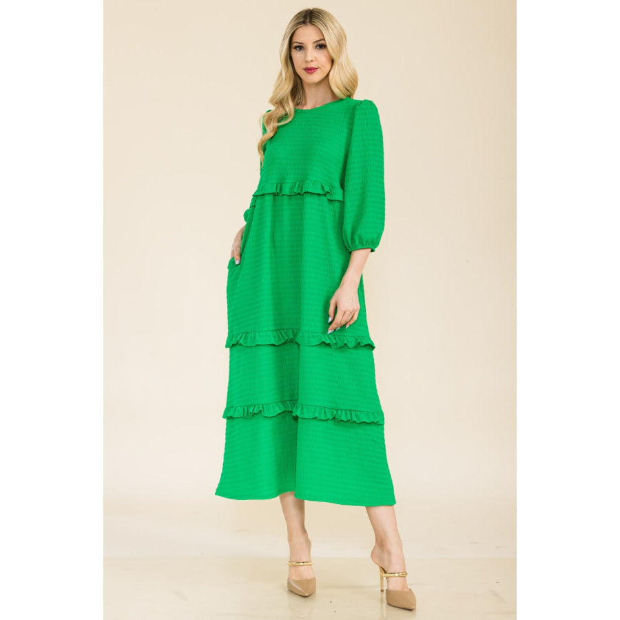 Celeste Full Size Tiered-Ruffle Midi Dress Apparel and Accessories