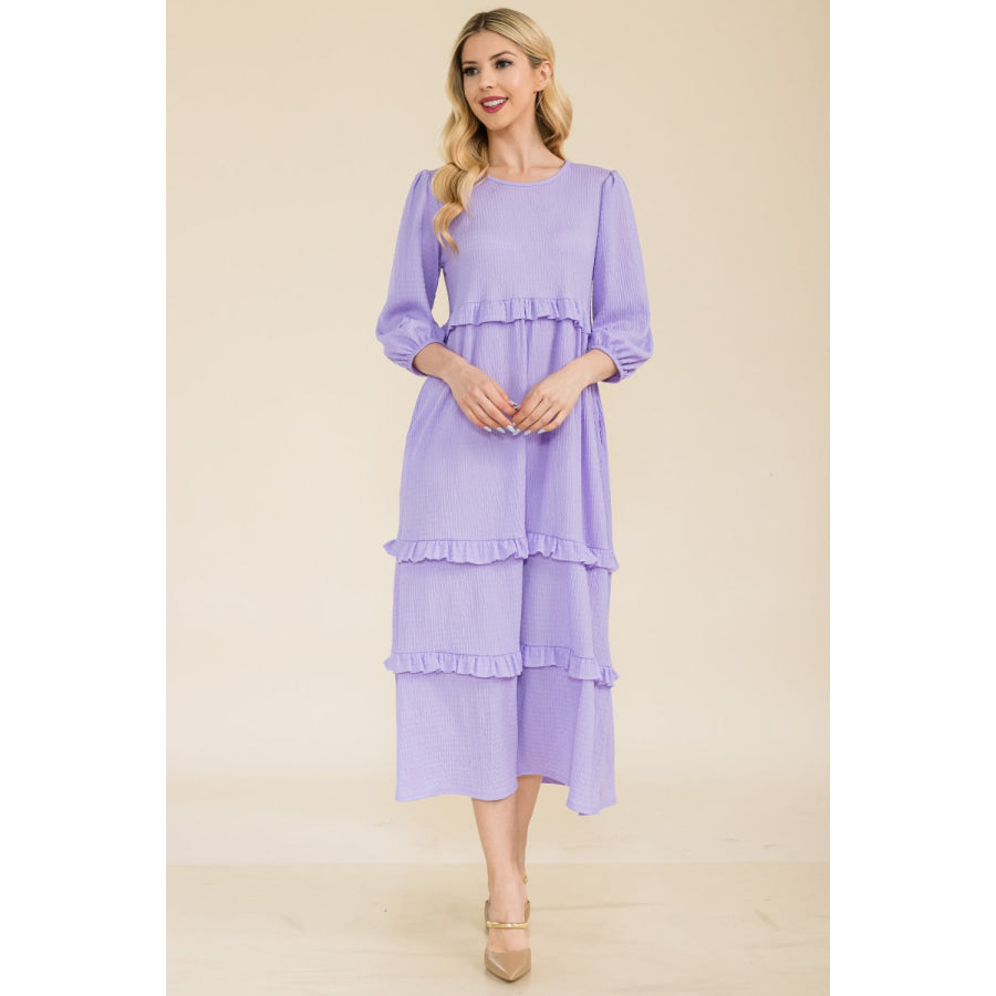 Celeste Full Size Tiered-Ruffle Midi Dress Apparel and Accessories