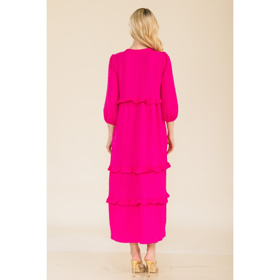 Celeste Full Size Tiered-Ruffle Midi Dress Apparel and Accessories