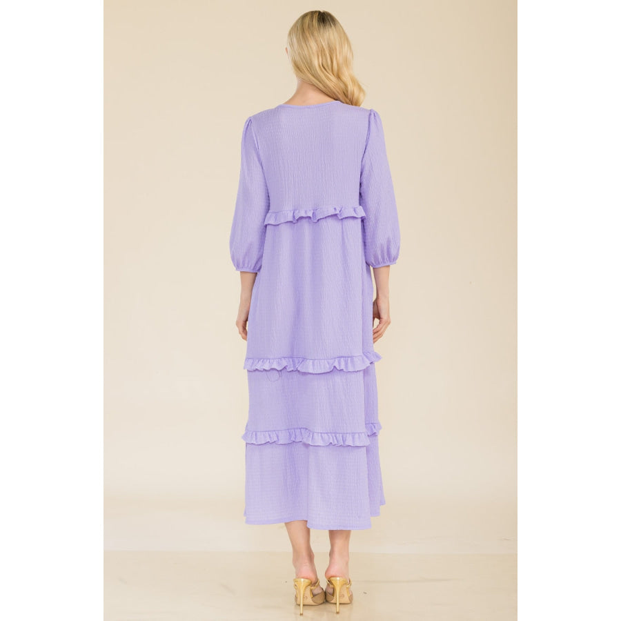 Celeste Full Size Tiered-Ruffle Midi Dress Apparel and Accessories