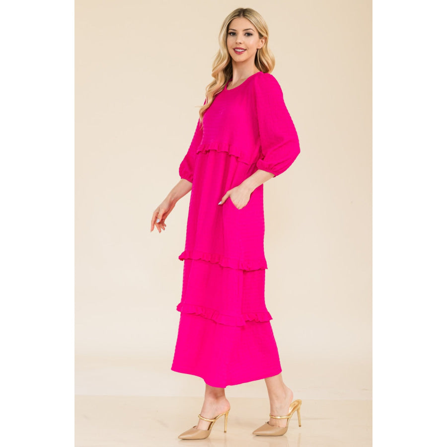 Celeste Full Size Tiered-Ruffle Midi Dress Apparel and Accessories