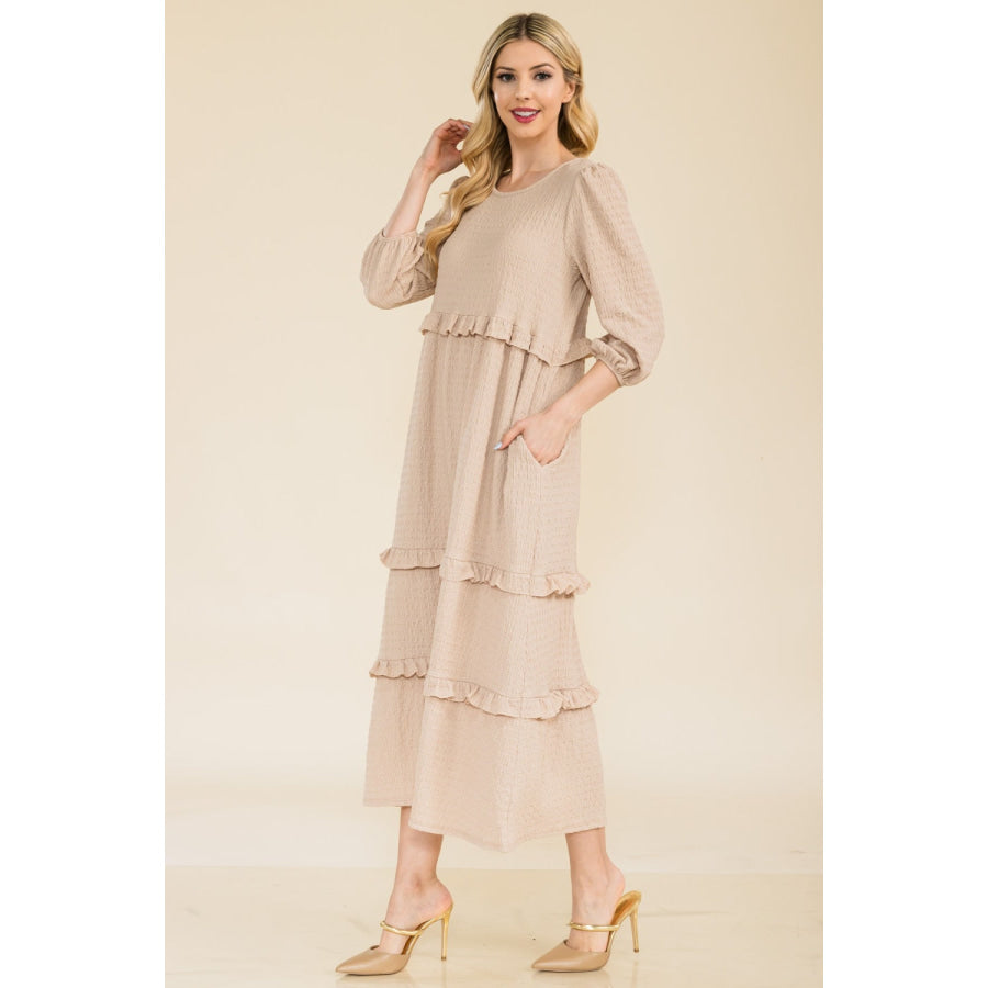 Celeste Full Size Tiered-Ruffle Midi Dress Apparel and Accessories