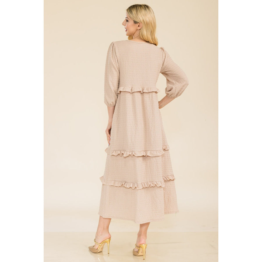 Celeste Full Size Tiered-Ruffle Midi Dress Apparel and Accessories