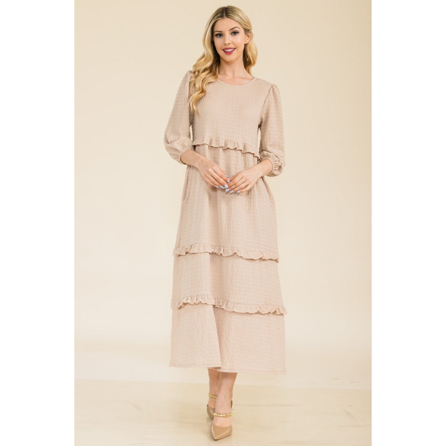 Celeste Full Size Tiered-Ruffle Midi Dress Beige / S Apparel and Accessories