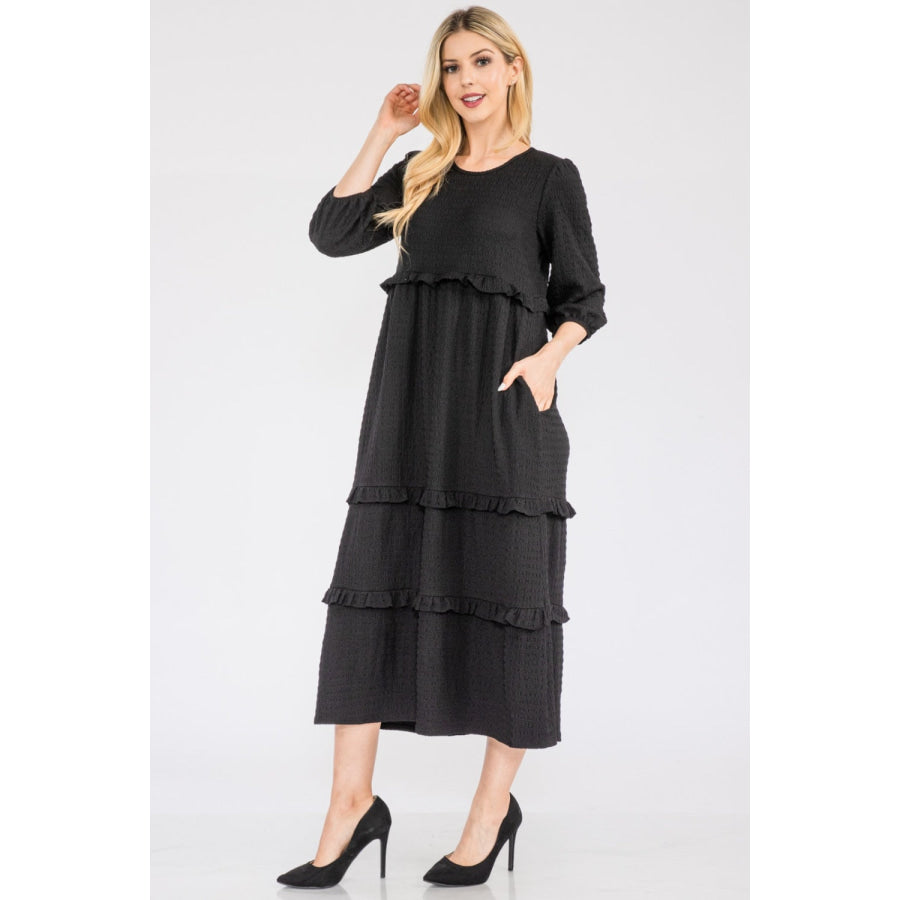 Celeste Full Size Tiered-Ruffle Midi Dress Black / S Apparel and Accessories