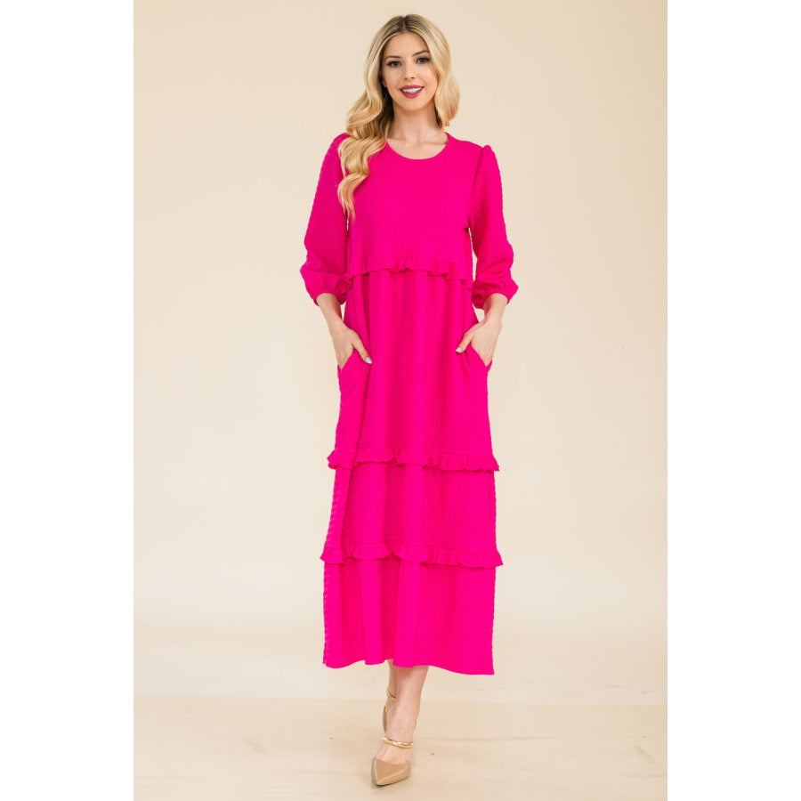 Celeste Full Size Tiered-Ruffle Midi Dress Fuchsia / S Apparel and Accessories