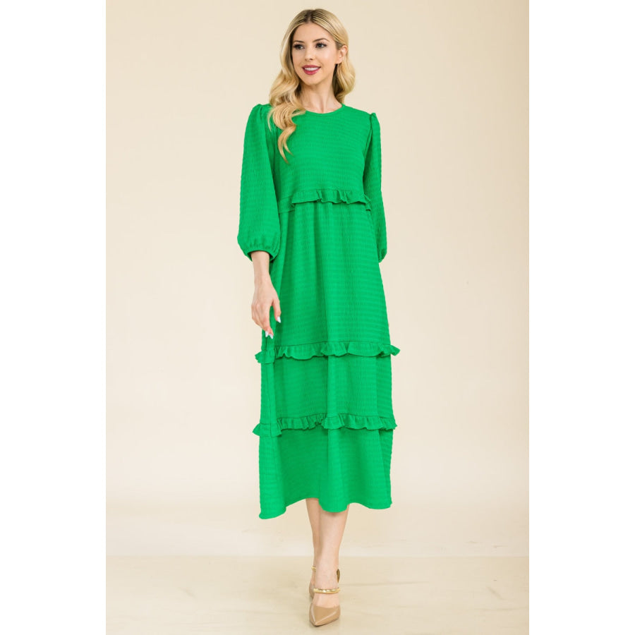 Celeste Full Size Tiered-Ruffle Midi Dress Green / S Apparel and Accessories