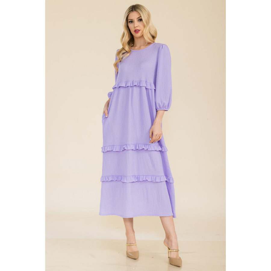 Celeste Full Size Tiered-Ruffle Midi Dress Lilac / S Apparel and Accessories