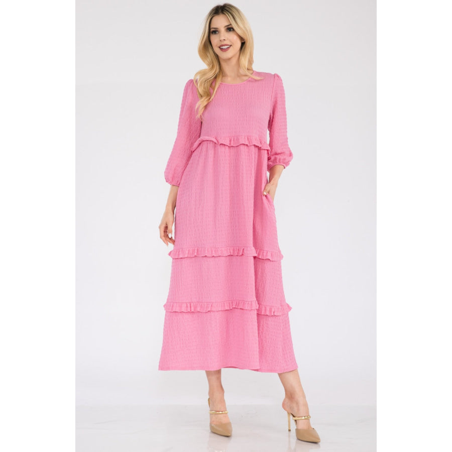 Celeste Full Size Tiered-Ruffle Midi Dress Pink / S Apparel and Accessories