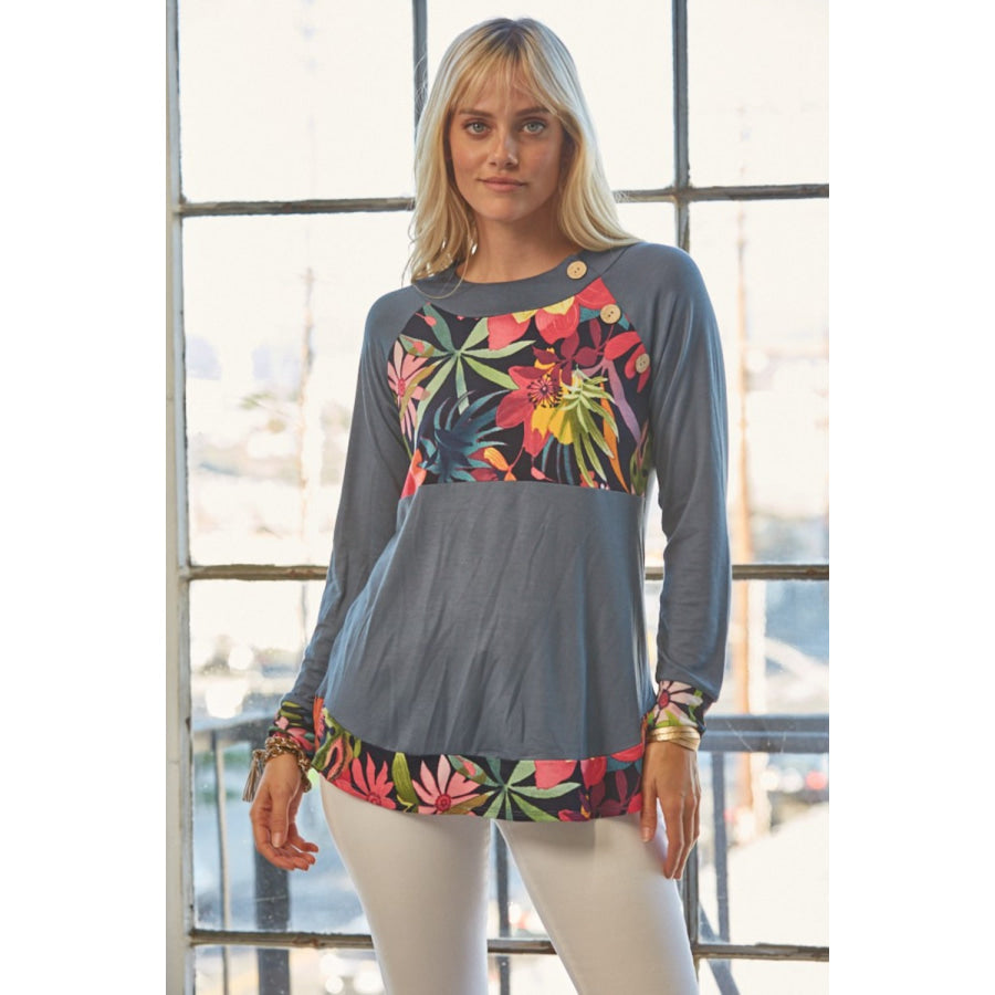 Celeste Full Size Tropical Print Long Sleeve T-Shirt Apparel and Accessories