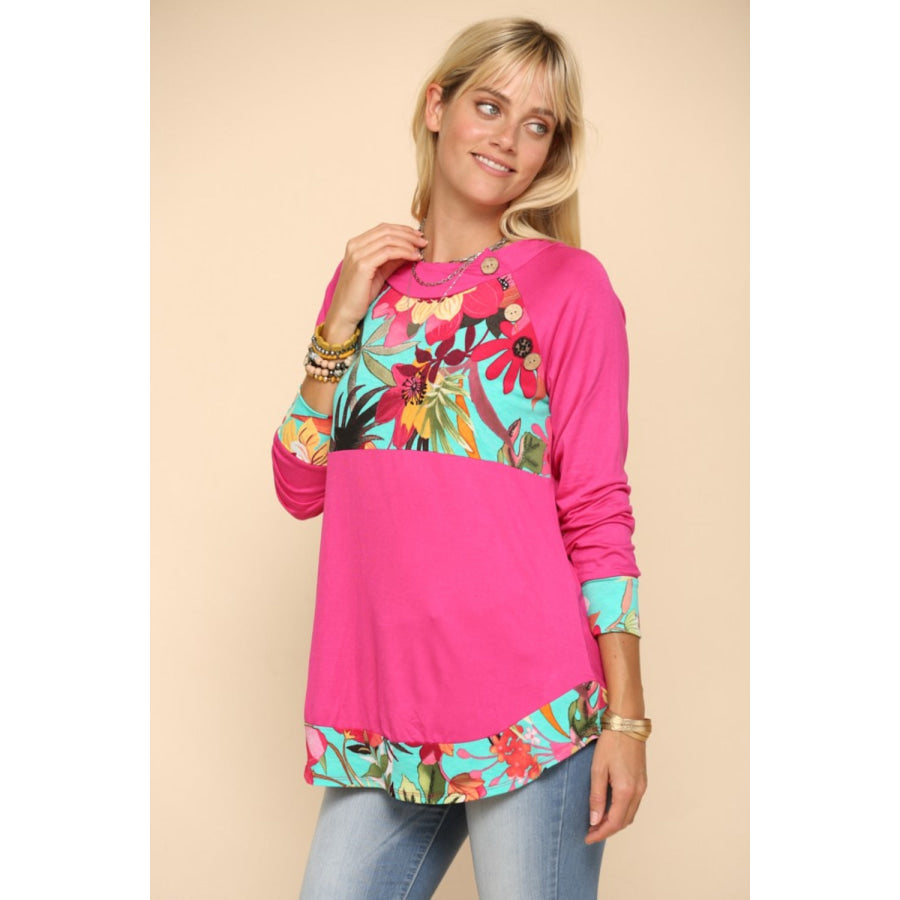 Celeste Full Size Tropical Print Long Sleeve T-Shirt Apparel and Accessories