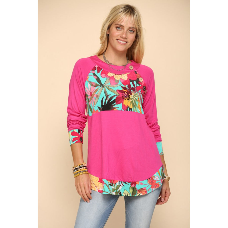 Celeste Full Size Tropical Print Long Sleeve T-Shirt Fuchsia / S Apparel and Accessories