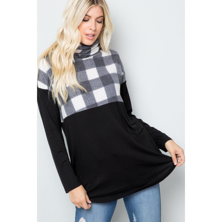 Celeste Full Szie Pocketed Plaid Turtleneck Long Sleeve Blouse Apparel and Accessories