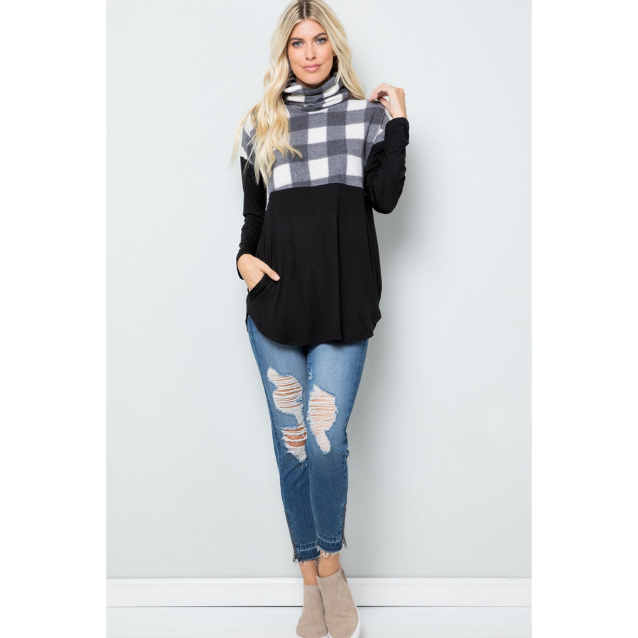 Celeste Full Szie Pocketed Plaid Turtleneck Long Sleeve Blouse Apparel and Accessories