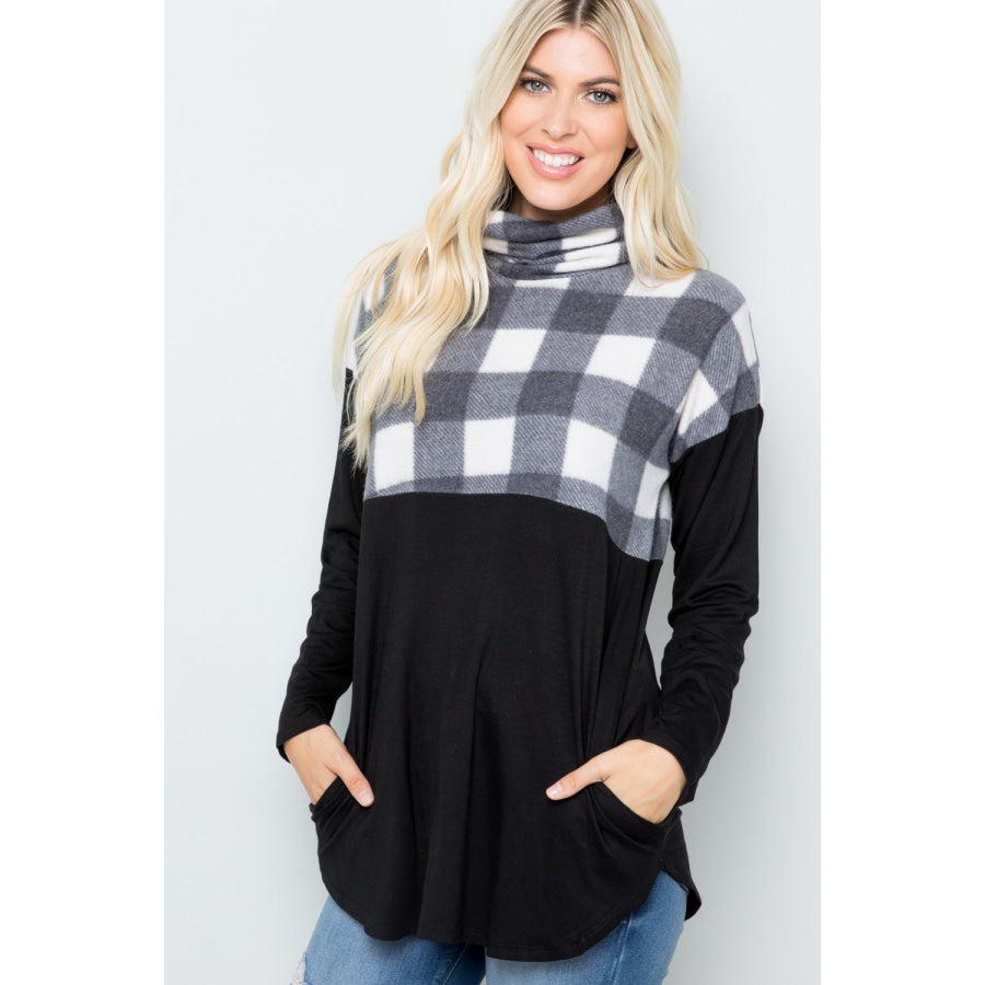 Celeste Full Szie Pocketed Plaid Turtleneck Long Sleeve Blouse Apparel and Accessories