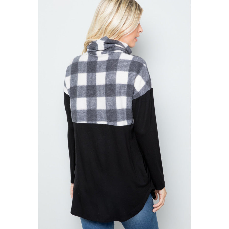 Celeste Full Szie Pocketed Plaid Turtleneck Long Sleeve Blouse Apparel and Accessories