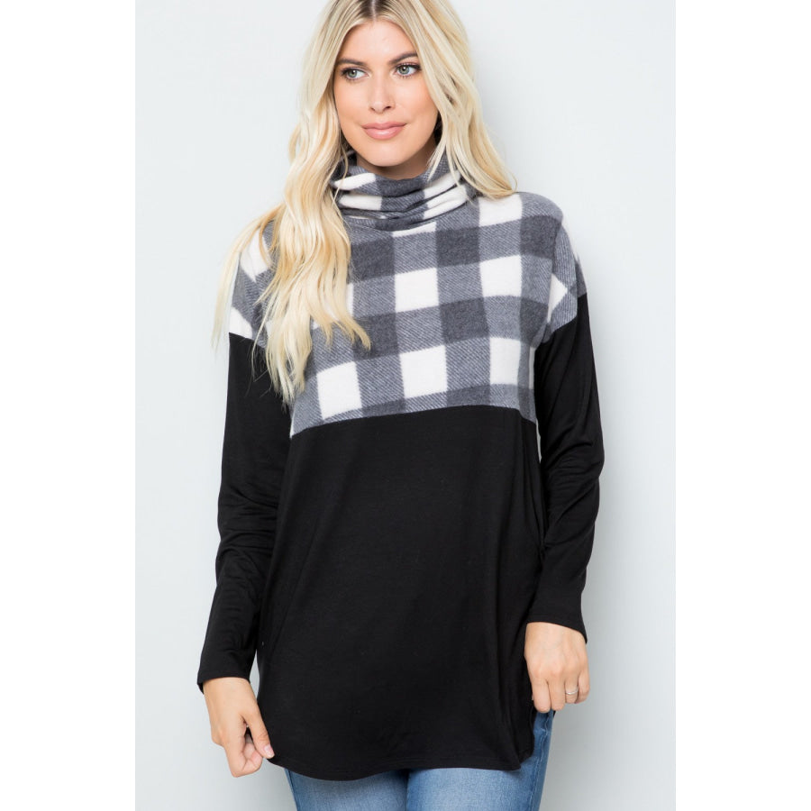 Celeste Full Szie Pocketed Plaid Turtleneck Long Sleeve Blouse Apparel and Accessories