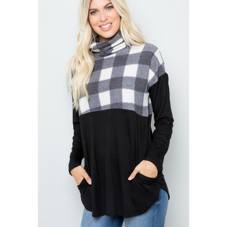 Celeste Full Szie Pocketed Plaid Turtleneck Long Sleeve Blouse Apparel and Accessories