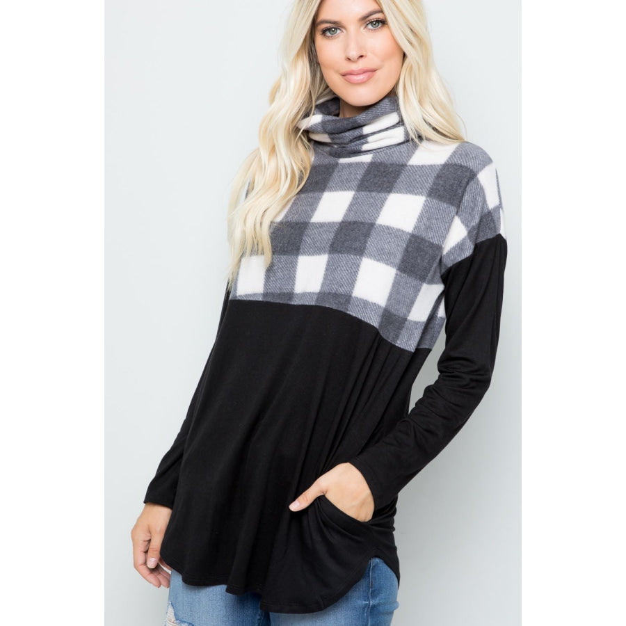 Celeste Full Szie Pocketed Plaid Turtleneck Long Sleeve Blouse Black/White Plaid / S Apparel and Accessories