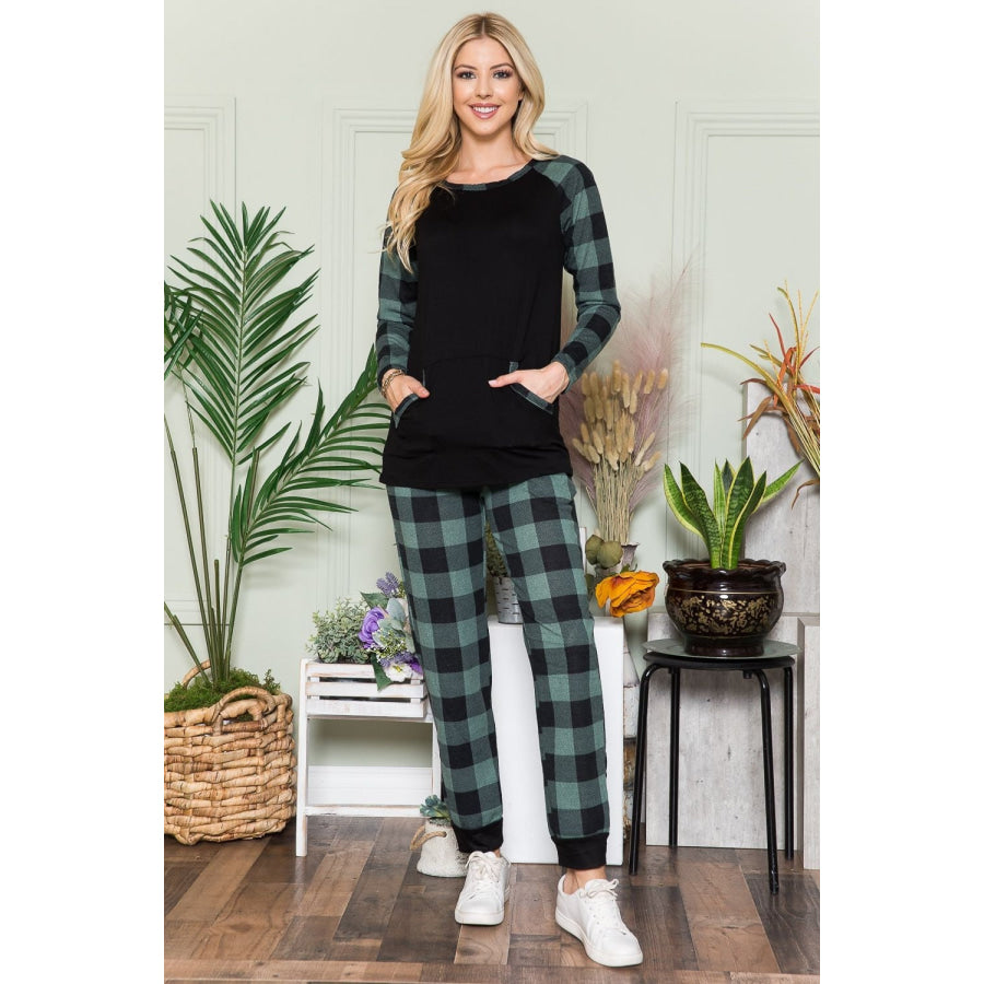 Celeste Plaid Long Sleeve T-Shirt with Pockets Green Plaid / S Apparel and Accessories