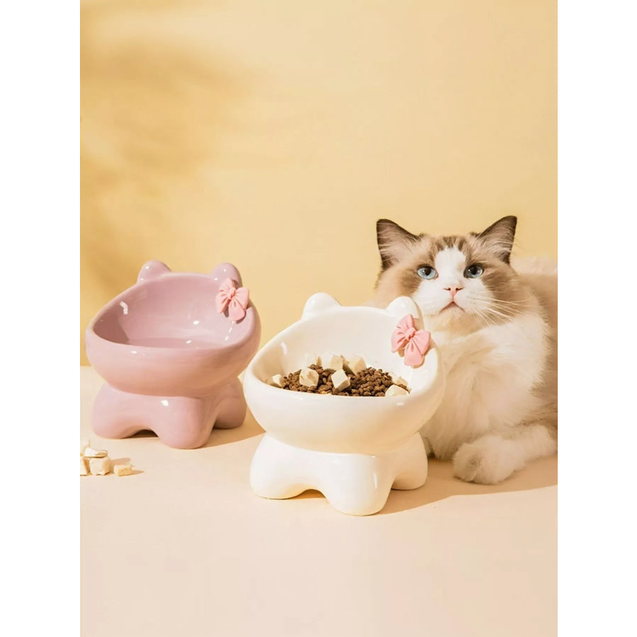 Ceramic Pet Bowl with Bowknot White / One Size Apparel and Accessories