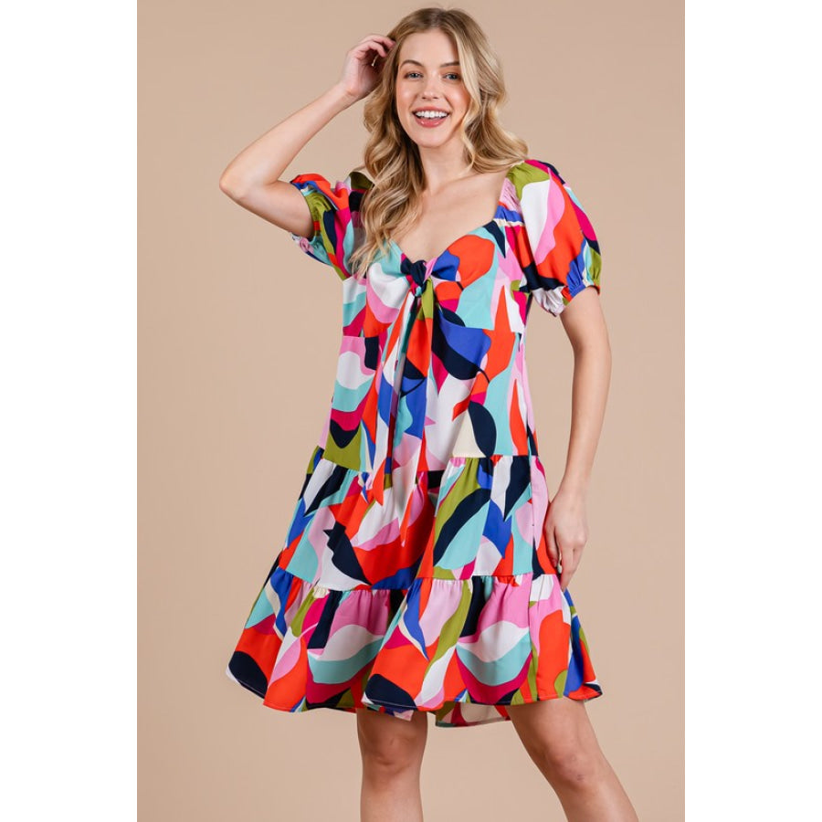 Ces Femme Abstract Print Sweetheart Neck Puff Sleeve Dress Apparel and Accessories