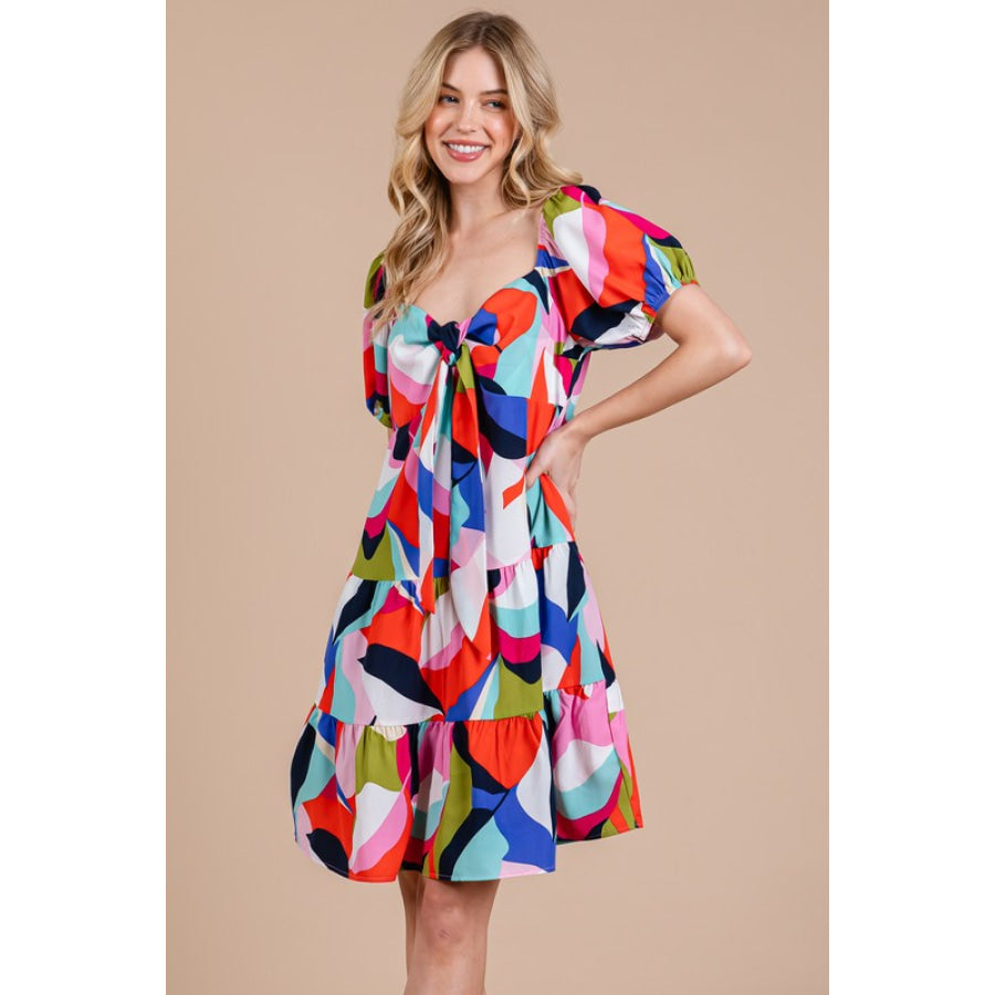 Ces Femme Abstract Print Sweetheart Neck Puff Sleeve Dress Apparel and Accessories