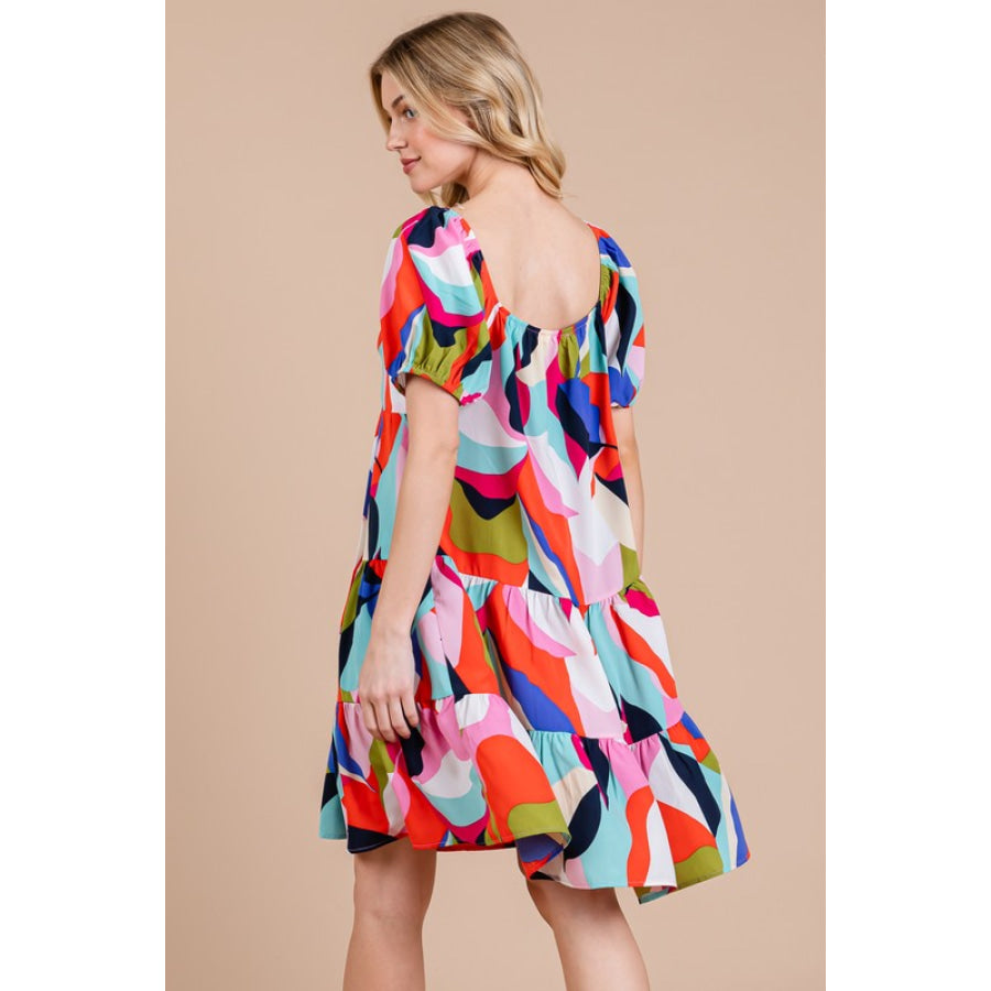 Ces Femme Abstract Print Sweetheart Neck Puff Sleeve Dress Apparel and Accessories