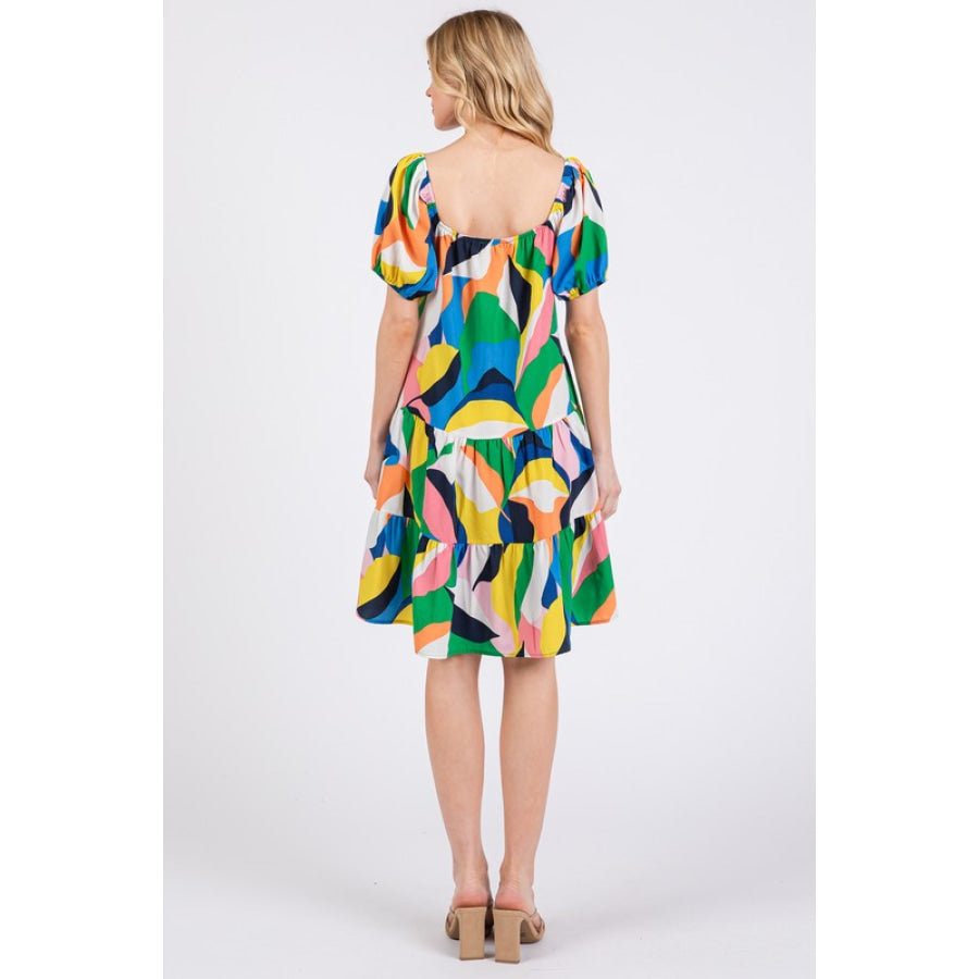 Ces Femme Abstract Print Sweetheart Neck Puff Sleeve Dress Apparel and Accessories