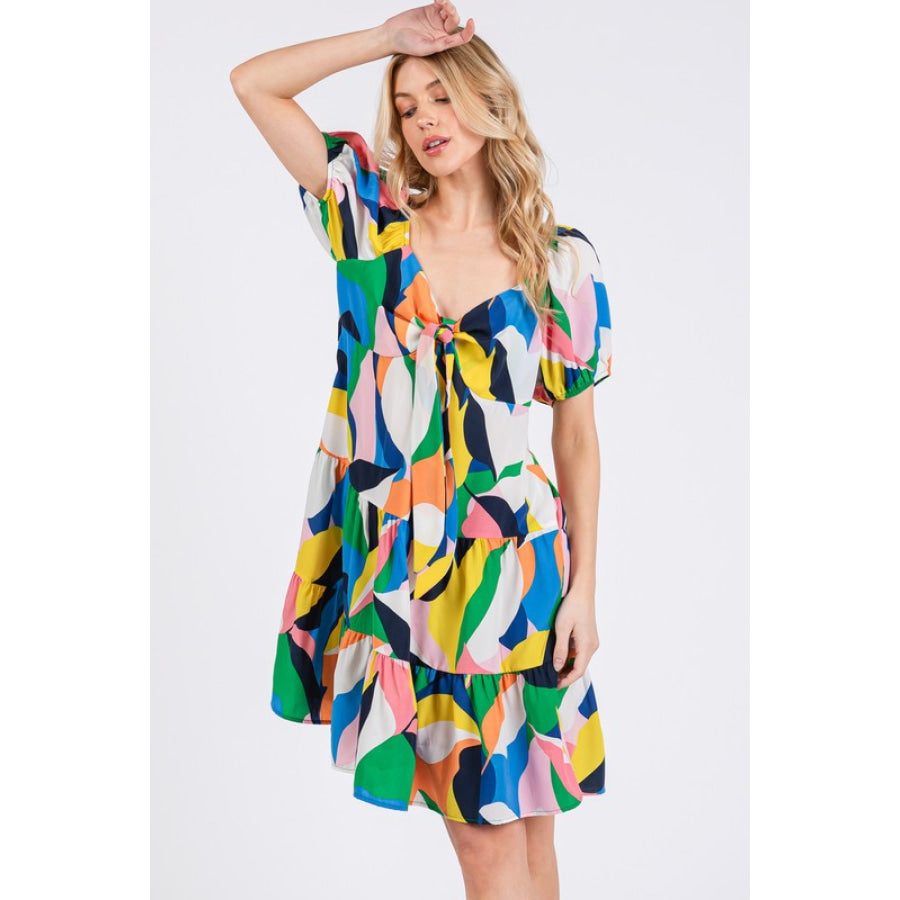 Ces Femme Abstract Print Sweetheart Neck Puff Sleeve Dress Apparel and Accessories