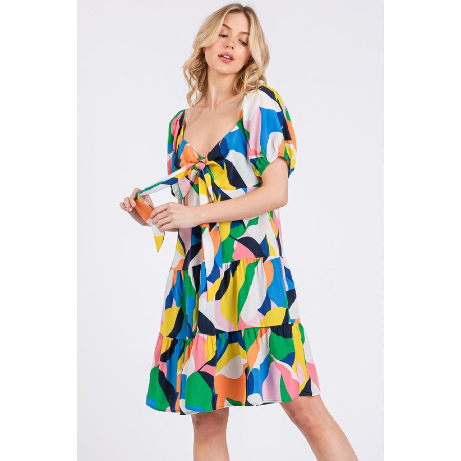 Ces Femme Abstract Print Sweetheart Neck Puff Sleeve Dress Apparel and Accessories