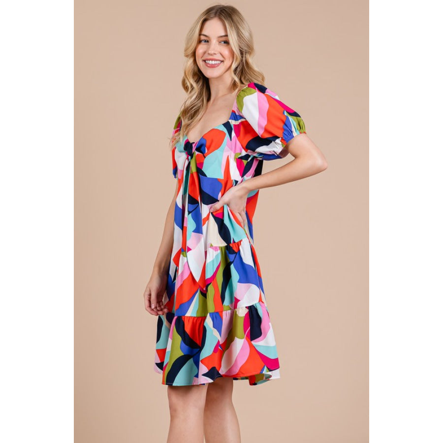 Ces Femme Abstract Print Sweetheart Neck Puff Sleeve Dress Apparel and Accessories