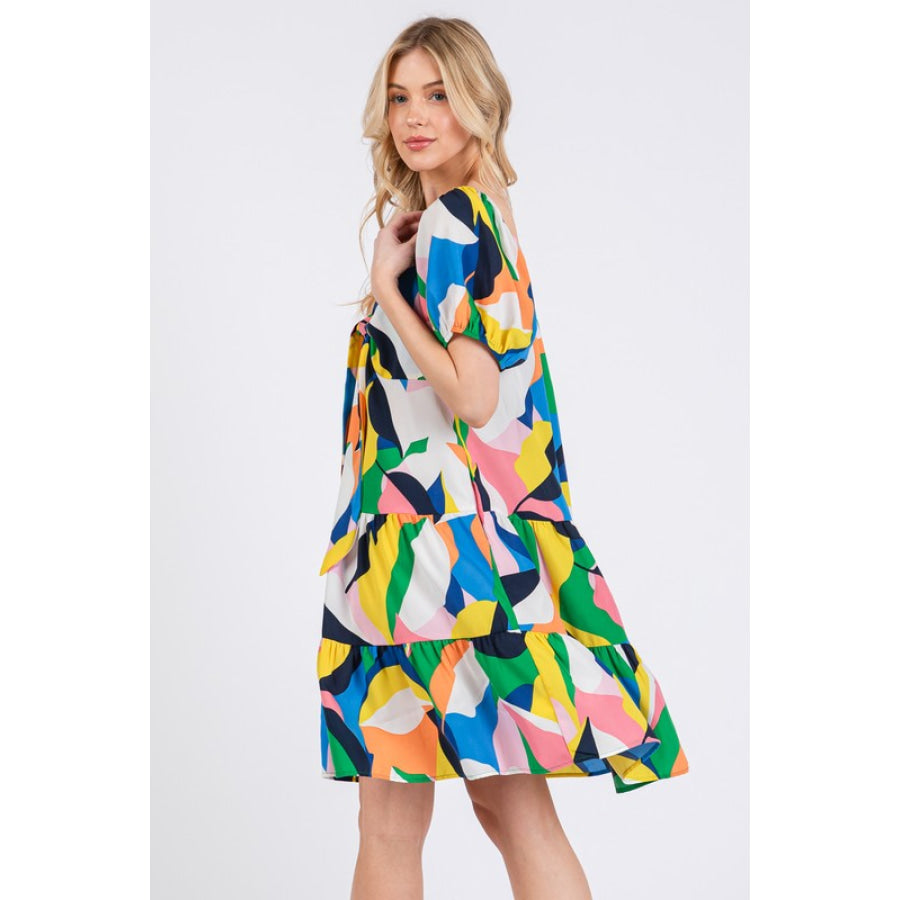 Ces Femme Abstract Print Sweetheart Neck Puff Sleeve Dress Apparel and Accessories