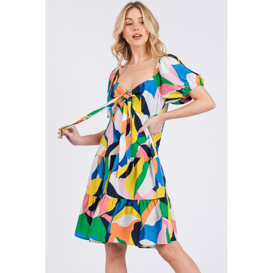 Ces Femme Abstract Print Sweetheart Neck Puff Sleeve Dress Apparel and Accessories