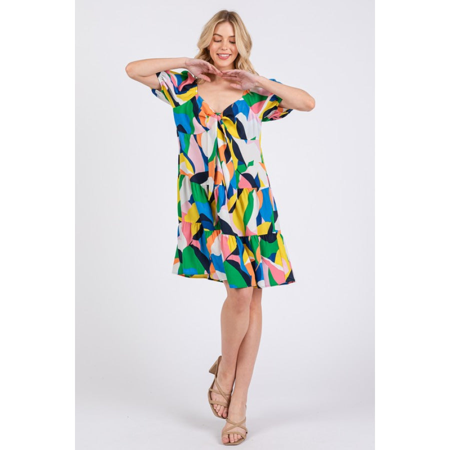 Ces Femme Abstract Print Sweetheart Neck Puff Sleeve Dress Apparel and Accessories