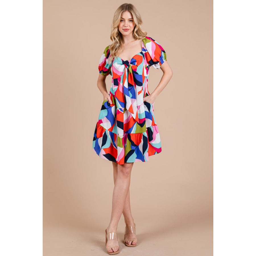 Ces Femme Abstract Print Sweetheart Neck Puff Sleeve Dress Apparel and Accessories