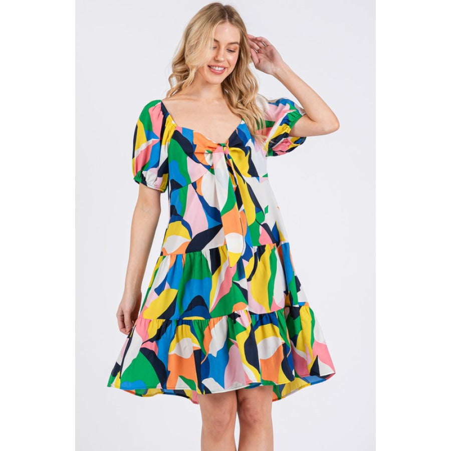 Ces Femme Abstract Print Sweetheart Neck Puff Sleeve Dress BLUE MULTI / S Apparel and Accessories