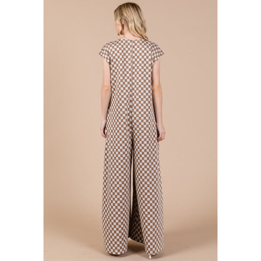 Ces Femme Checkered Half Button Cap Sleeve Jumpsuit Apparel and Accessories