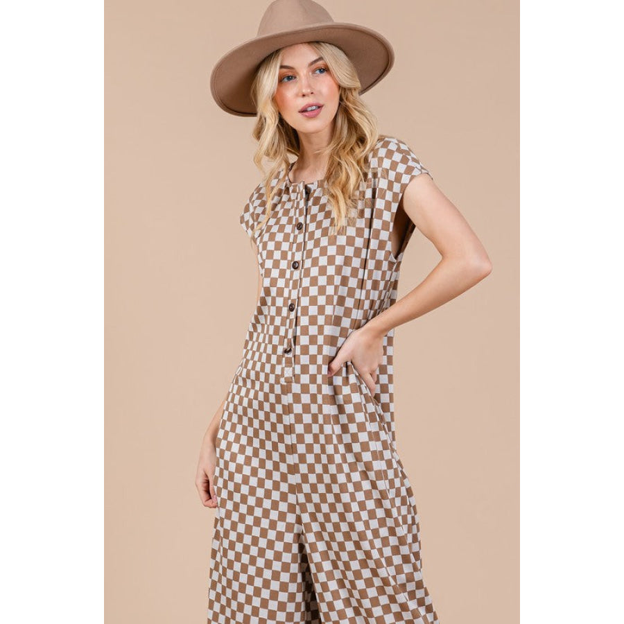 Ces Femme Checkered Half Button Cap Sleeve Jumpsuit Apparel and Accessories