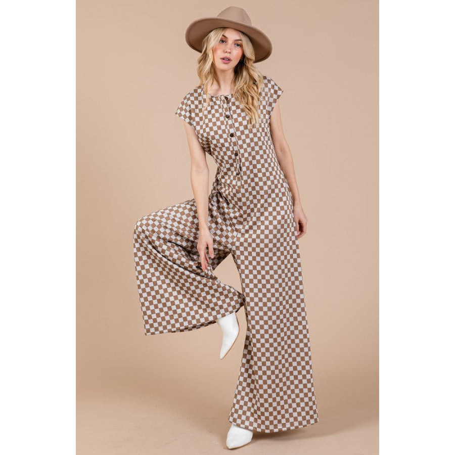 Ces Femme Checkered Half Button Cap Sleeve Jumpsuit Apparel and Accessories