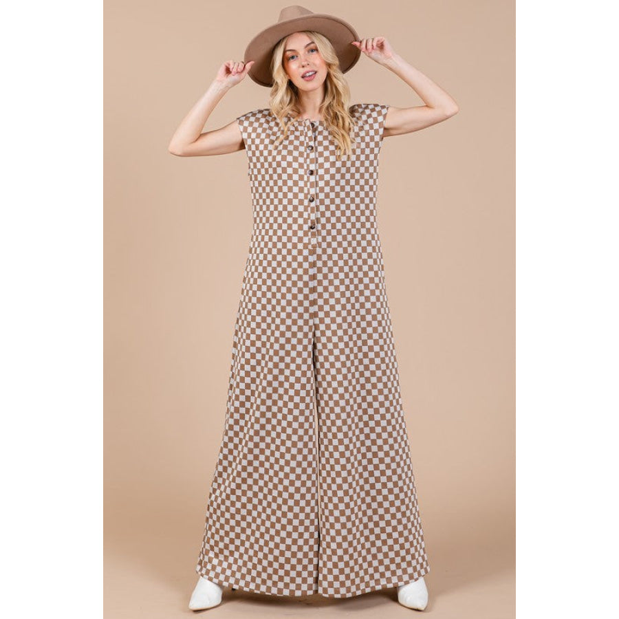 Ces Femme Checkered Half Button Cap Sleeve Jumpsuit Apparel and Accessories