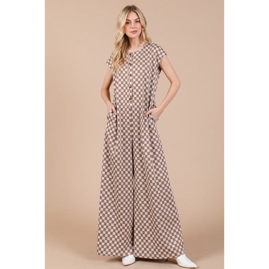 Ces Femme Checkered Half Button Cap Sleeve Jumpsuit Apparel and Accessories