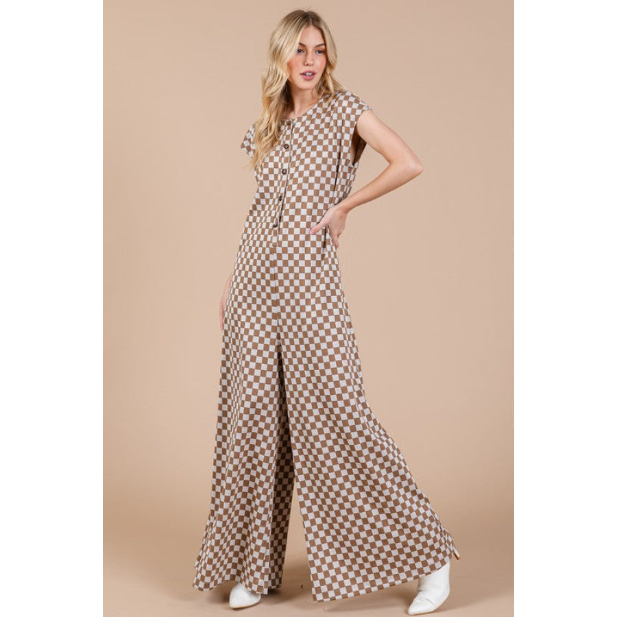 Ces Femme Checkered Half Button Cap Sleeve Jumpsuit Taupe / S Apparel and Accessories